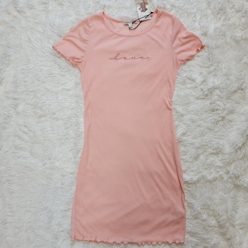 Sincerely Jules Pink Ribbed Knit‎ T-shirt Dress Love Embroidered Size L